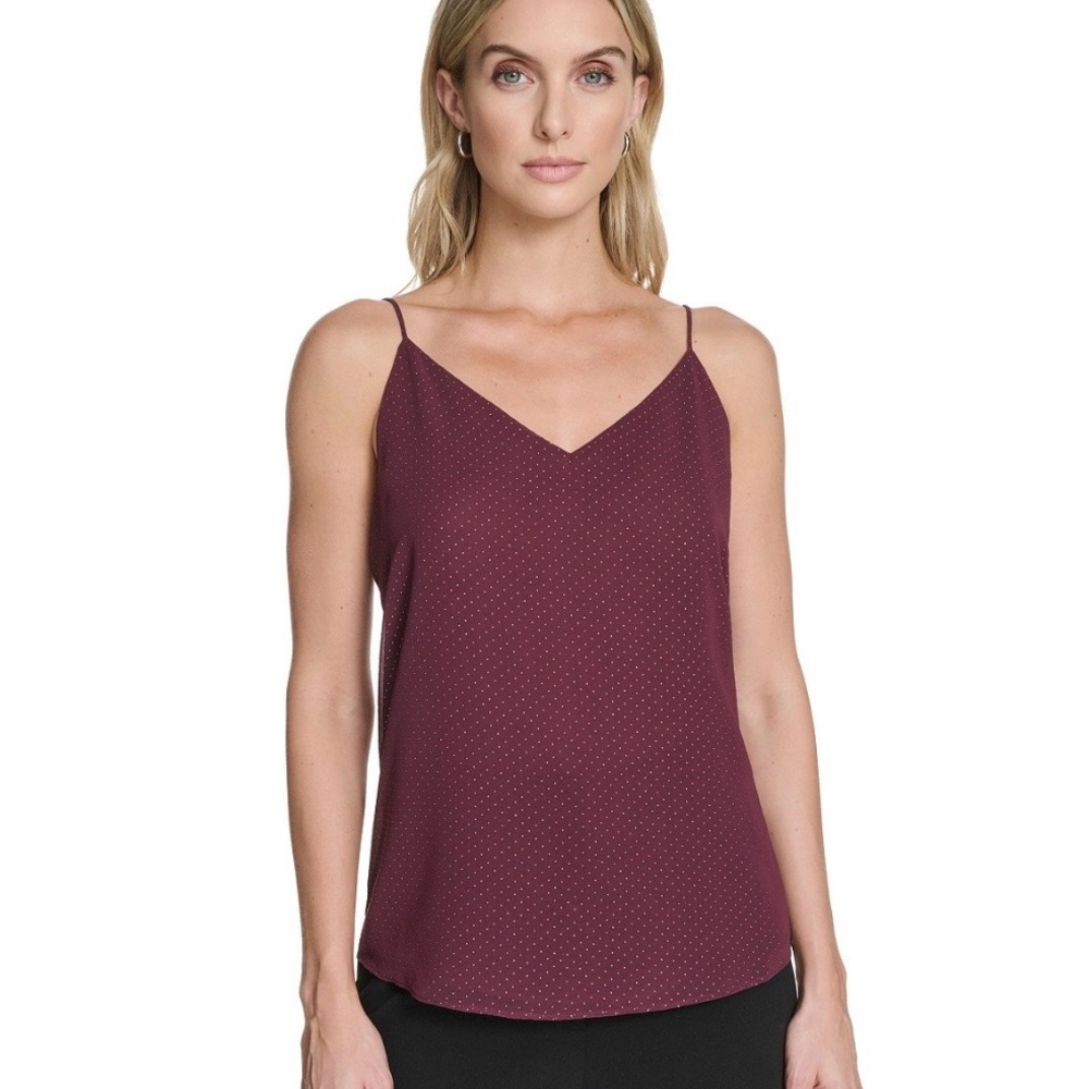 Calvin Klein Burgundy Metallic Dotted V-Neck Spaghetti Strap Cami
